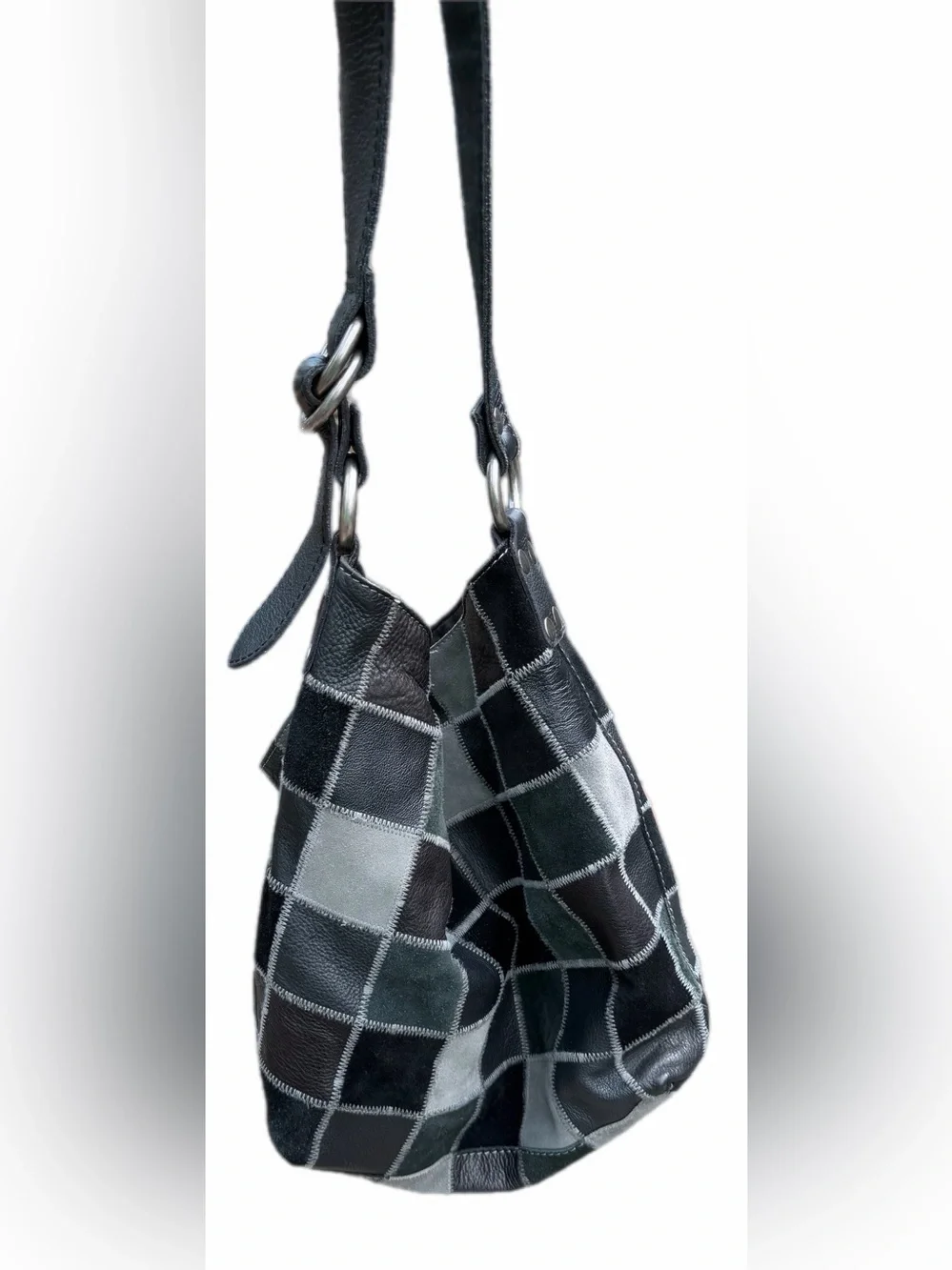 Lucky Brand Black Gray Patchwork Leather Suede Hobo Shoulder Bag Boho Y2K